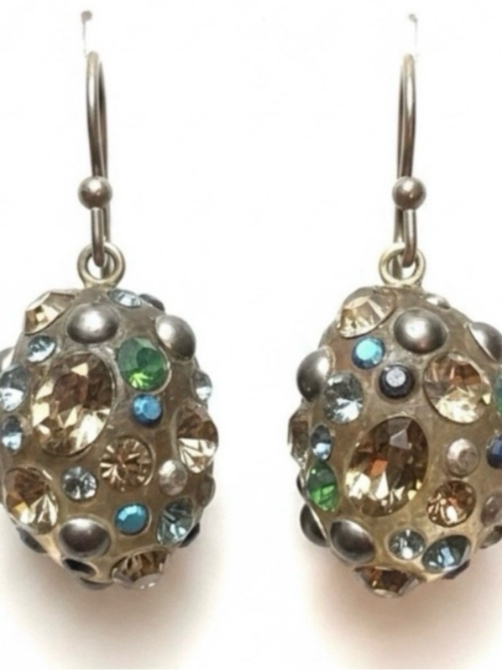 Alexis Bittar Champagne Lucite Drop Earrings with Green & Blue Crystals